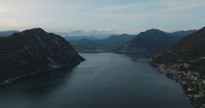 Aerial view of Lugano lake at sunset, Melide, Ticino, Switzerland.