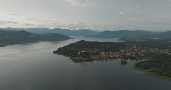 Aerial view of Angera, a small town along Lago Maggiore (Lake Maggiore) at sunset, Lombardy, Italy.
