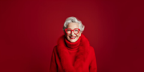 70-60 year old woman with autumn winter outfit. Senior old woman, female lifestyle.  Fashion model .