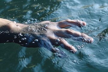 A hand emerging from the water, the concept of drowning and trying to save a drowned man. Generative AI.