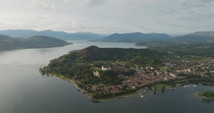 Aerial view of Angera, a small town along Lago Maggiore (Lake Maggiore) at sunset, Lombardy, Italy.