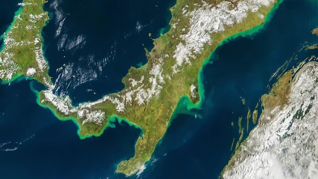 Satellite view of Italy from a snowy period. View of the Mediterranean and the European continent from space. Elements of this video furnished by NASA.