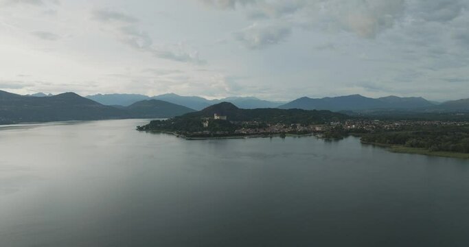 Aerial view of Angera, a small town along Lago Maggiore (Lake Maggiore) at sunset, Lombardy, Italy.