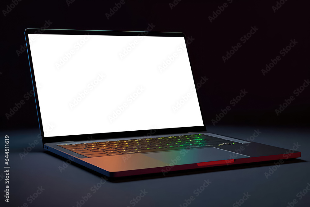 Poster laptop on a dark background with a white blank display. the concept of replenishment of content in a
