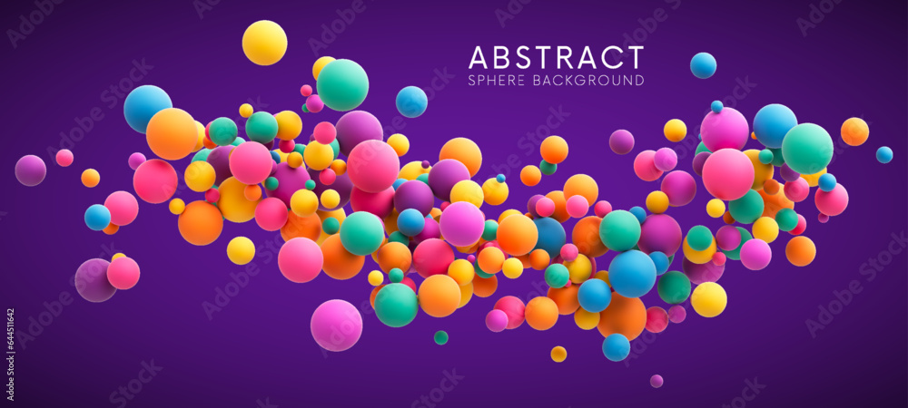 Poster abstract composition with many colorful random flying spheres. colorful rainbow matte soft balls in 