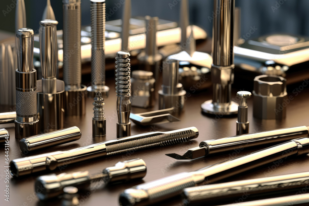 Poster different tools and micro tools on the table. the concept of work, the use of precision tools. gener