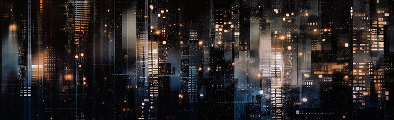 Fototapeta premium Abstract city skyline at night - a panorama of multiple buildings which are tall and modern with a lot of lit glass windows. Blue and orange hues. Futuristic and dystopian vibes. 
