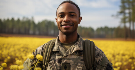 Veterans Day. A soldier in uniform. Smiling at the camera. On active duty. Hero. Patriot. Patriotic. Service to country. Camouflage.  - obrazy, fototapety, plakaty
