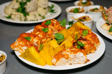 Сhicken breast rolls and baked polenta on the table. Food Buffet Brunch Catering Dining Eating Party Sharing Concept.