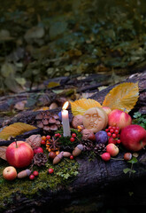 Moon amulet, candle, fruits, berries, nuts, fall leaves in autumn forest. Wiccan altar for Mabon...
