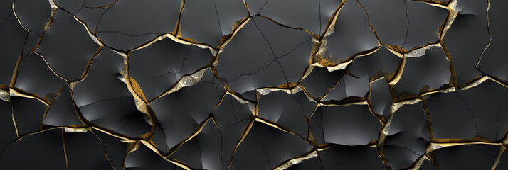 Cracked black surface with golden cracks background