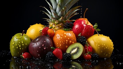 a group of fruit with water droplets fruit, in the style of dark and luxury. AI generator