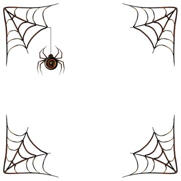 Frame made of black cobwebs with a hanging spider.