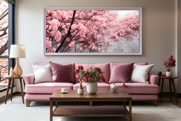 The image depicts Japanese cherry blossom trees in full bloom, creating a stunning display of delicate pink flowers. Generative AI.