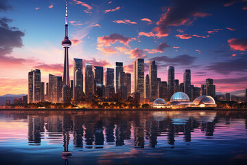 Modern skyscraper towering above the cityscape, with its sleek glass facade reflecting in a tranquil water mirror below.  Generative AI.