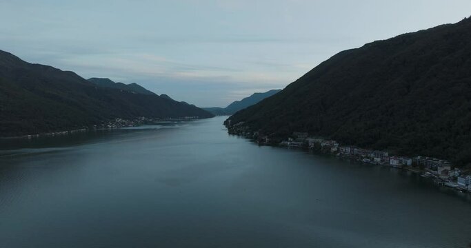 Aerial view of Lugano lake at sunset, Melide, Ticino, Switzerland.