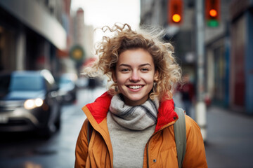 Fototapeta premium Portrait of beautiful young female on the city street in Bogota or Rio or Caracas