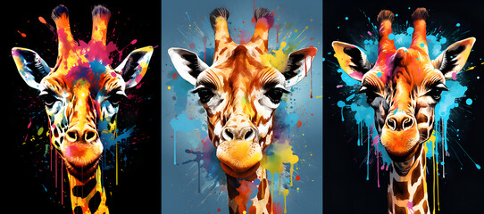 Set of giraffe illustrations for interior decoration. Giraffe illustration collection with chaotic paint strokes and splashes, animal painting. Colorful giraffe muzzle illustration, watercolor