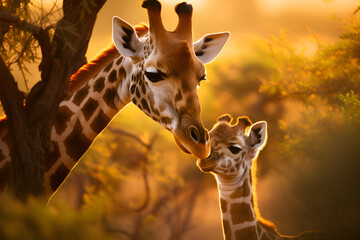 Mother giraffe takes care of her little cub close up. Touching moment of giraffe mother care. Giraffes in savannah in their natural habitat. Animals of south africa. Safari with giraffe - obrazy, fototapety, plakaty