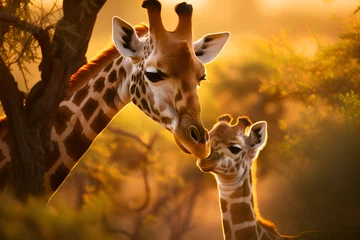 Keuken spatwand met foto Mother giraffe takes care of her little cub close up. Touching moment of giraffe mother care. Giraffes in savannah in their natural habitat. Animals of south africa. Safari with giraffe © Alina