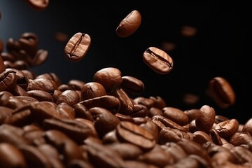 Flying coffee beans close-up. Generative AI.