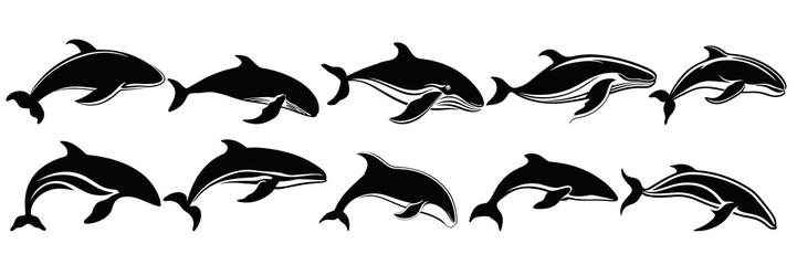 Whale orca silhouettes set, large pack of vector silhouette design, isolated white background