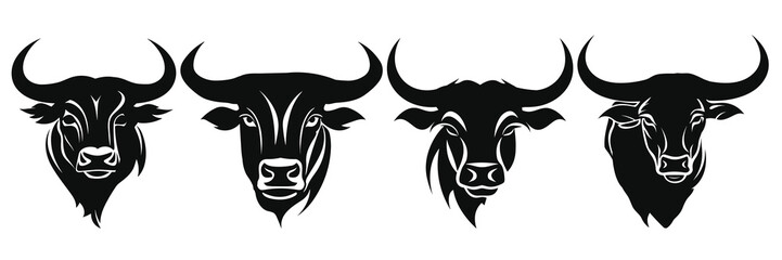 Bull longhorn cow farm animals silhouettes set, large pack of vector silhouette design, isolated white background