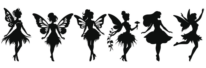 Fairy magic silhouettes set, large pack of vector silhouette design, isolated white background