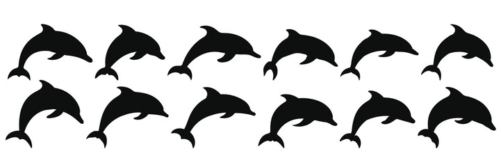 Fototapeta premium Dolphin silhouettes set, large pack of vector silhouette design, isolated white background