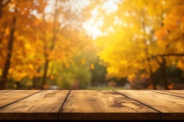 Naklejka na ściany i meble The empty wooden table top with blur background of autumn. Generative AI.