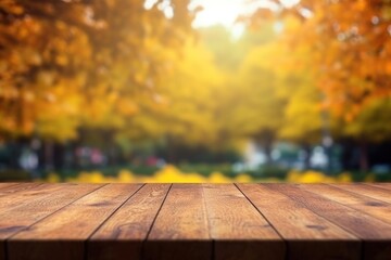 Naklejka na ściany i meble The empty wooden table top with blur background of autumn. Generative AI.
