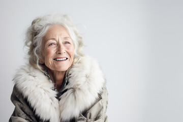 70-80 year old woman with autumn winter outfit. Senior old woman, female lifestyle.  Fashion model .