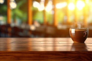 Fototapeta premium Wooden table top with blur background of coffee cafe. Generative AI.