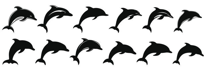 Dolphin silhouettes set, large pack of vector silhouette design, isolated white background © FutureFFX