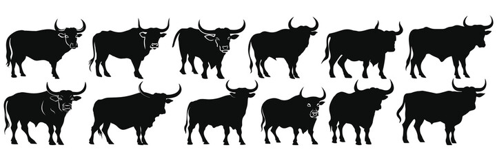 Bull longhorn cow farm animals silhouettes set, large pack of vector silhouette design, isolated white background