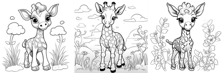 Set of black and white giraffe illustrations for kids coloring book. Coloring page outline of cartoon giraffe. Activity colorless picture of cute animals. Antistress coloring page with funny giraffe
