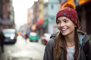 Fototapeta premium Portrait of beautiful young female on the city street in Bogota or Rio or Caracas