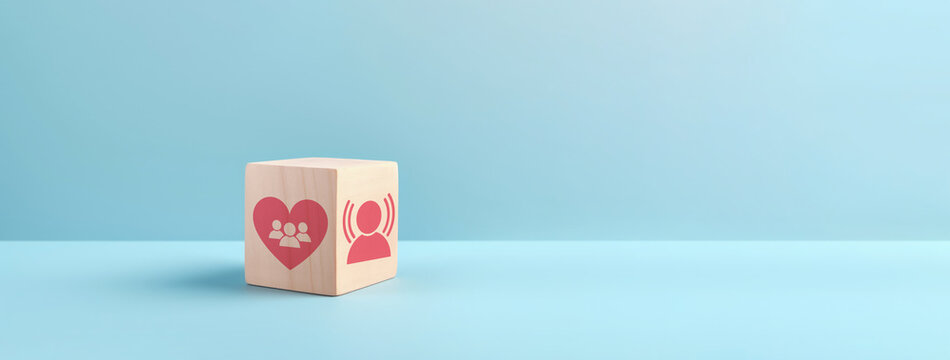 Increasing customer loyalty, Developing brand awareness, Understanding customer need, Providing value, Create relationship with customer engagement, Wooden cube with heart and customer awareness icon