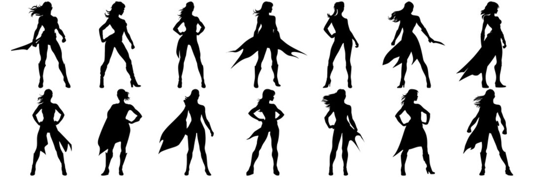 Super hero woman comic book silhouettes set, large pack of vector silhouette design, isolated white background