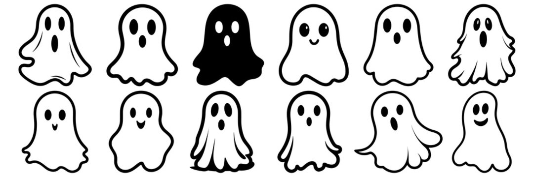 Ghost halloween horror silhouettes set, large pack of vector silhouette design, isolated white background