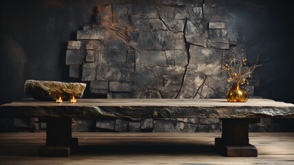 A front view of a dark gray, empty stone table with a blurry dark rock wall background, serves as a blank stone table mockup for product placement
