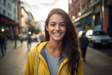 Portrait of beautiful young female on the city street in Bogota or Rio or Caracas