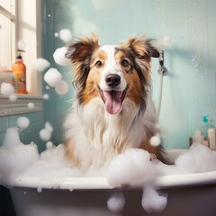 The dog is washing in the bathroom. Hygiene of a pet.