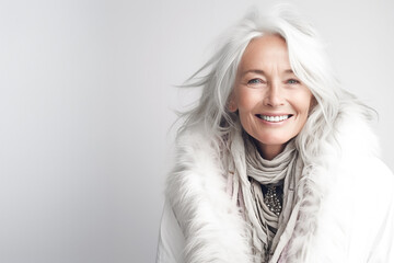 60 year old woman with autumn winter outfit. Senior old woman, female lifestyle.  Fashion model .