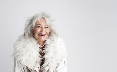 60-70 year old woman with autumn winter outfit. Senior old woman, female lifestyle.  Fashion model .
