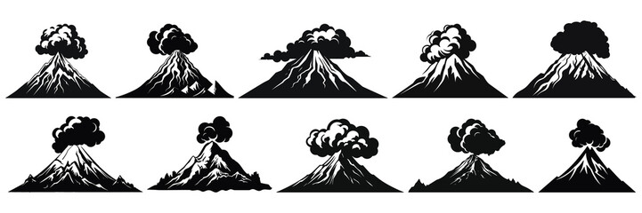 Volcano silhouettes set, large pack of vector silhouette design, isolated white background © FutureFFX