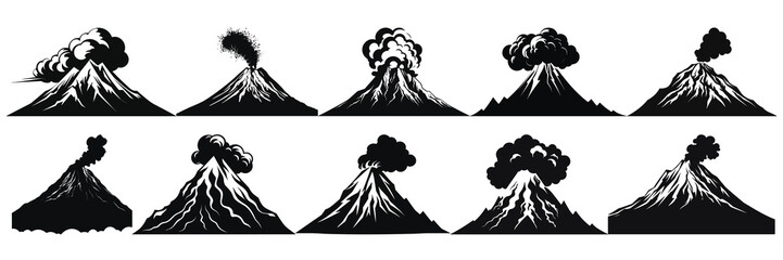 Volcano silhouettes set, large pack of vector silhouette design, isolated white background © FutureFFX