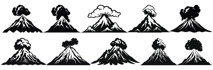 Volcano silhouettes set, large pack of vector silhouette design, isolated white background © FutureFFX