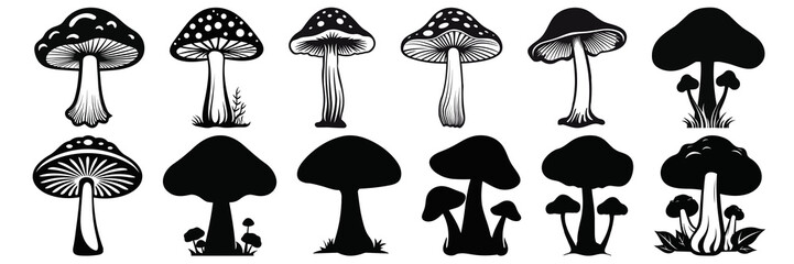 Mushroom silhouettes set, large pack of vector silhouette design, isolated white background