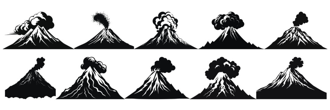 Volcano silhouettes set, large pack of vector silhouette design, isolated white background